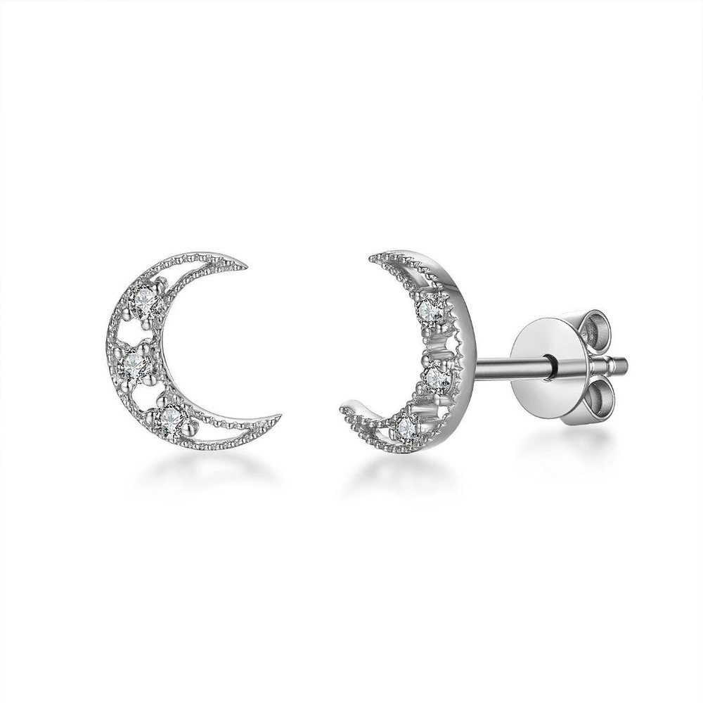Real Diamond Half Moon Small Stud Earrings Fine Jewelry White Gold